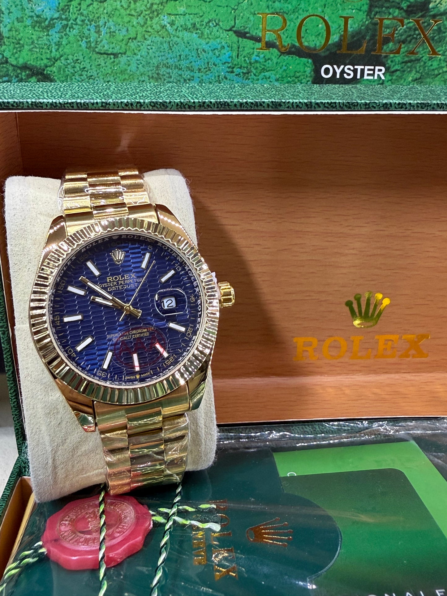 Date just 41mm gold blue motif dial