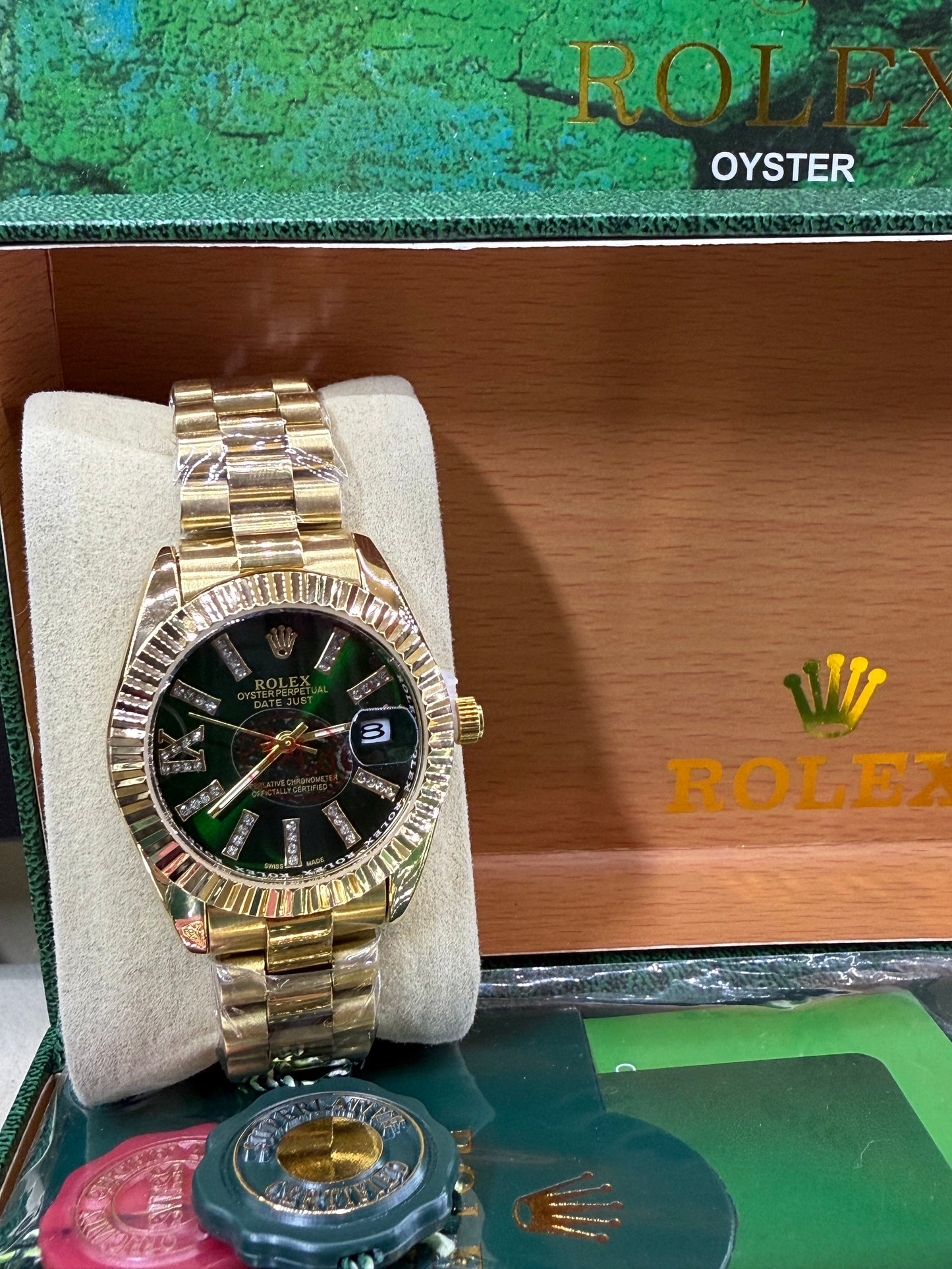 Date just 36mm gold green arabic dial