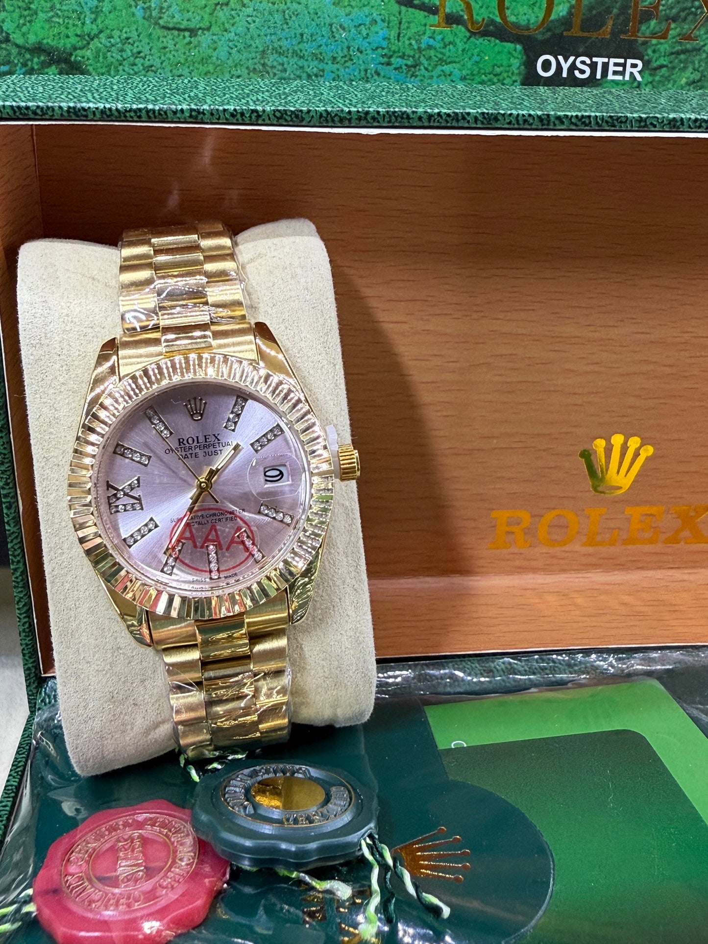 Date just 36mm gold pink arabic dial