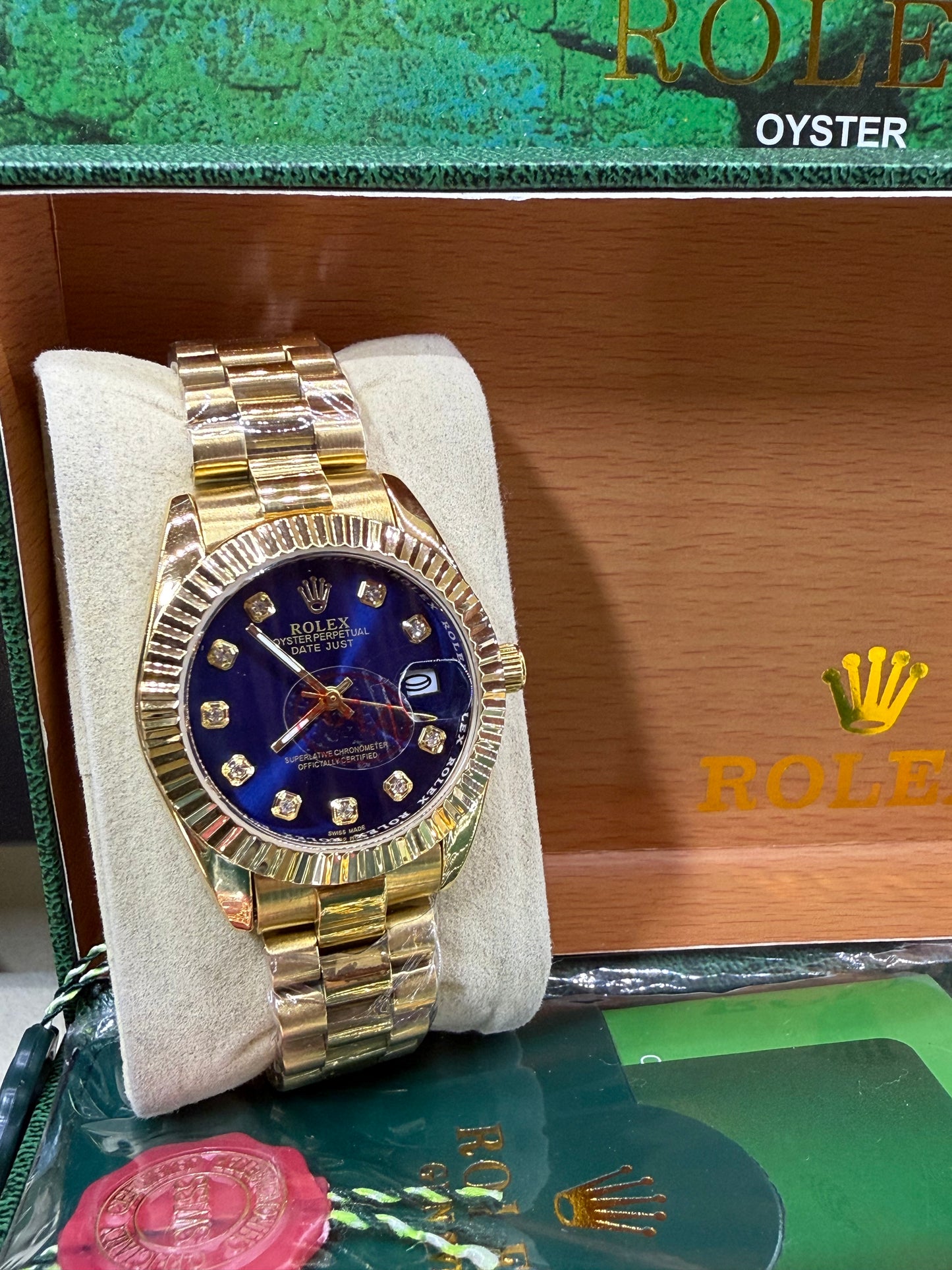 Date just 36mm gold blue diamond dial
