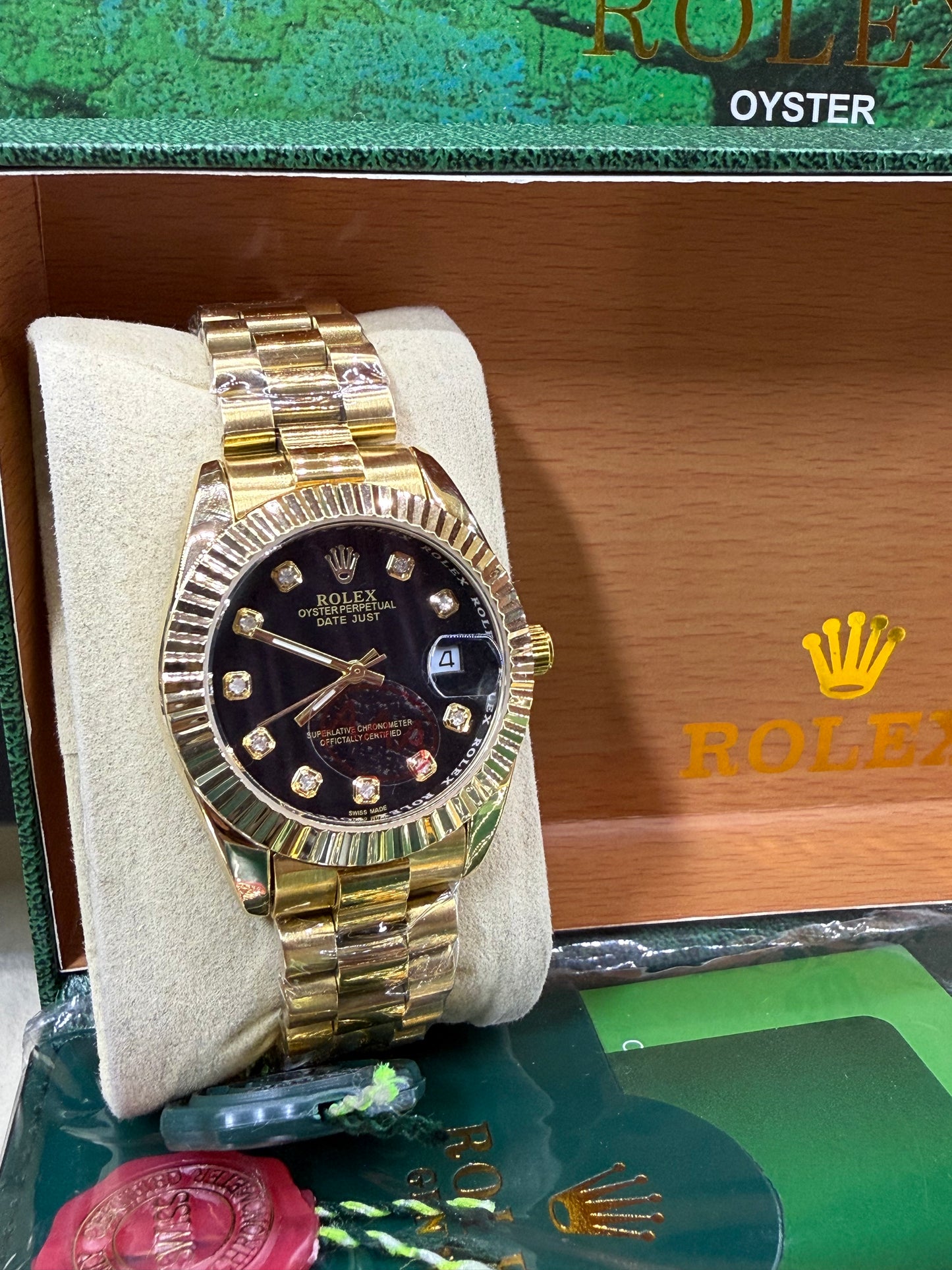 Date just 36mm gold black diamond dial