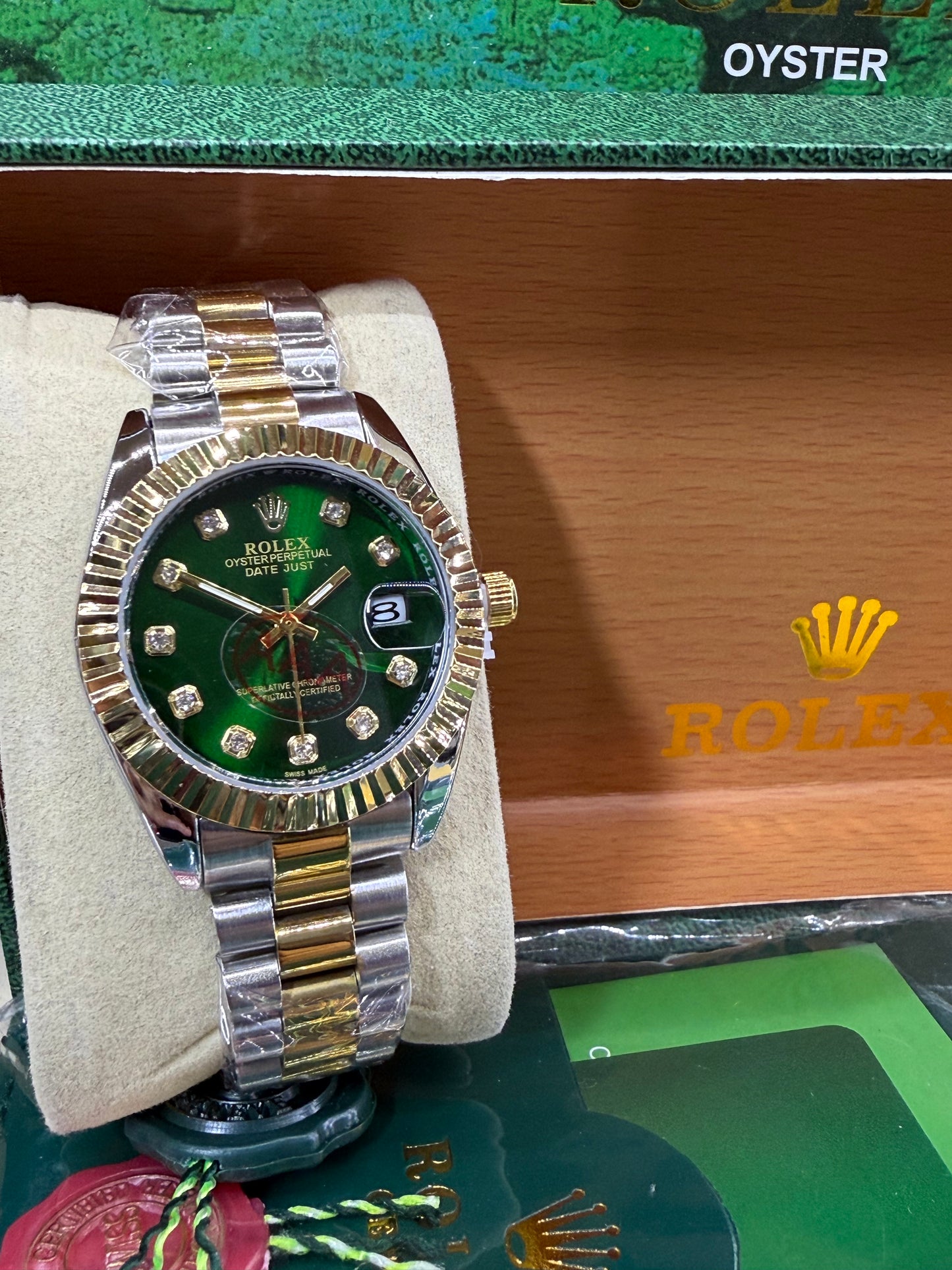 Date just 36mm two tone green diamond dial