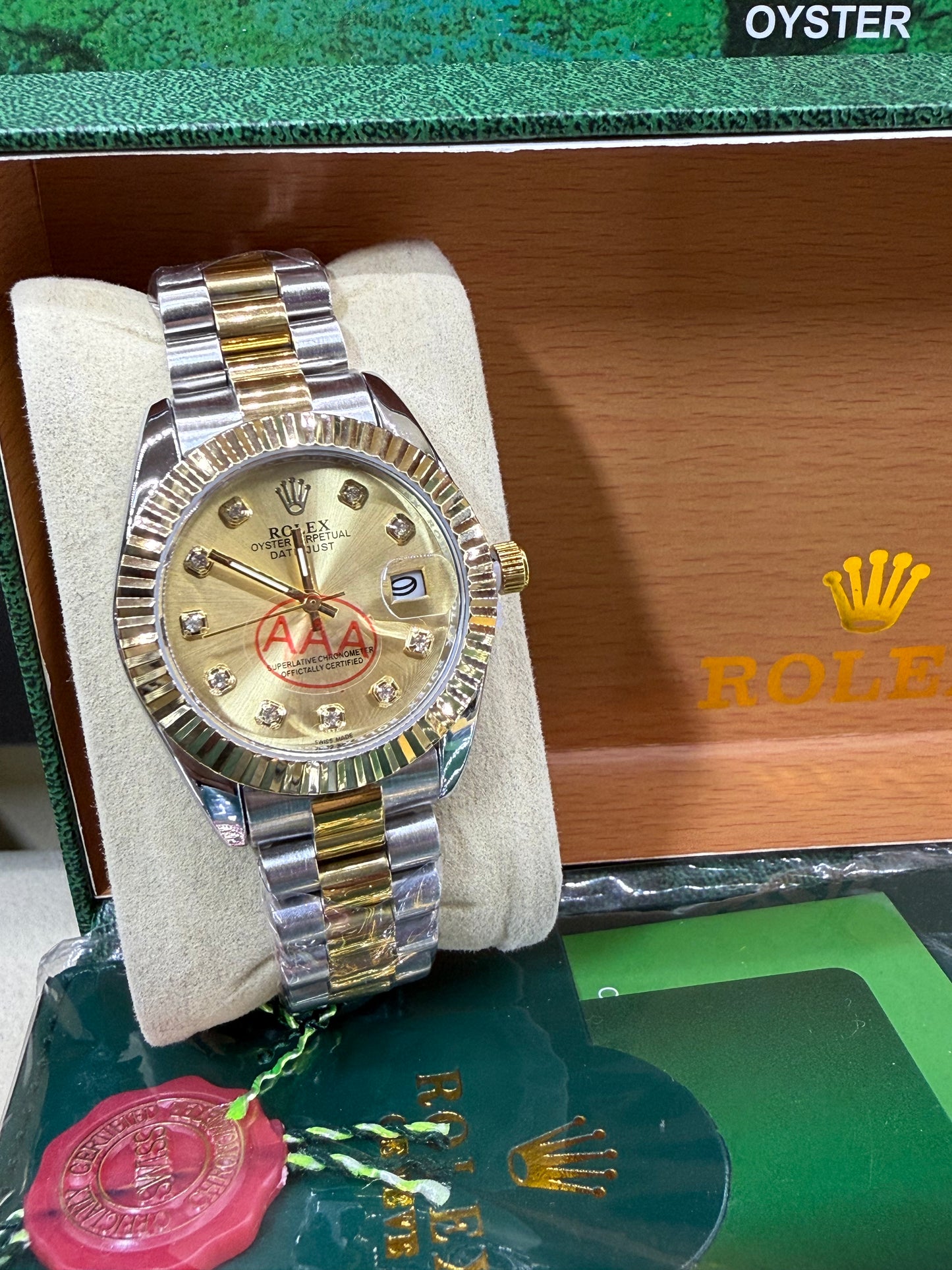 Date just 36mm two tone gold diamond dial