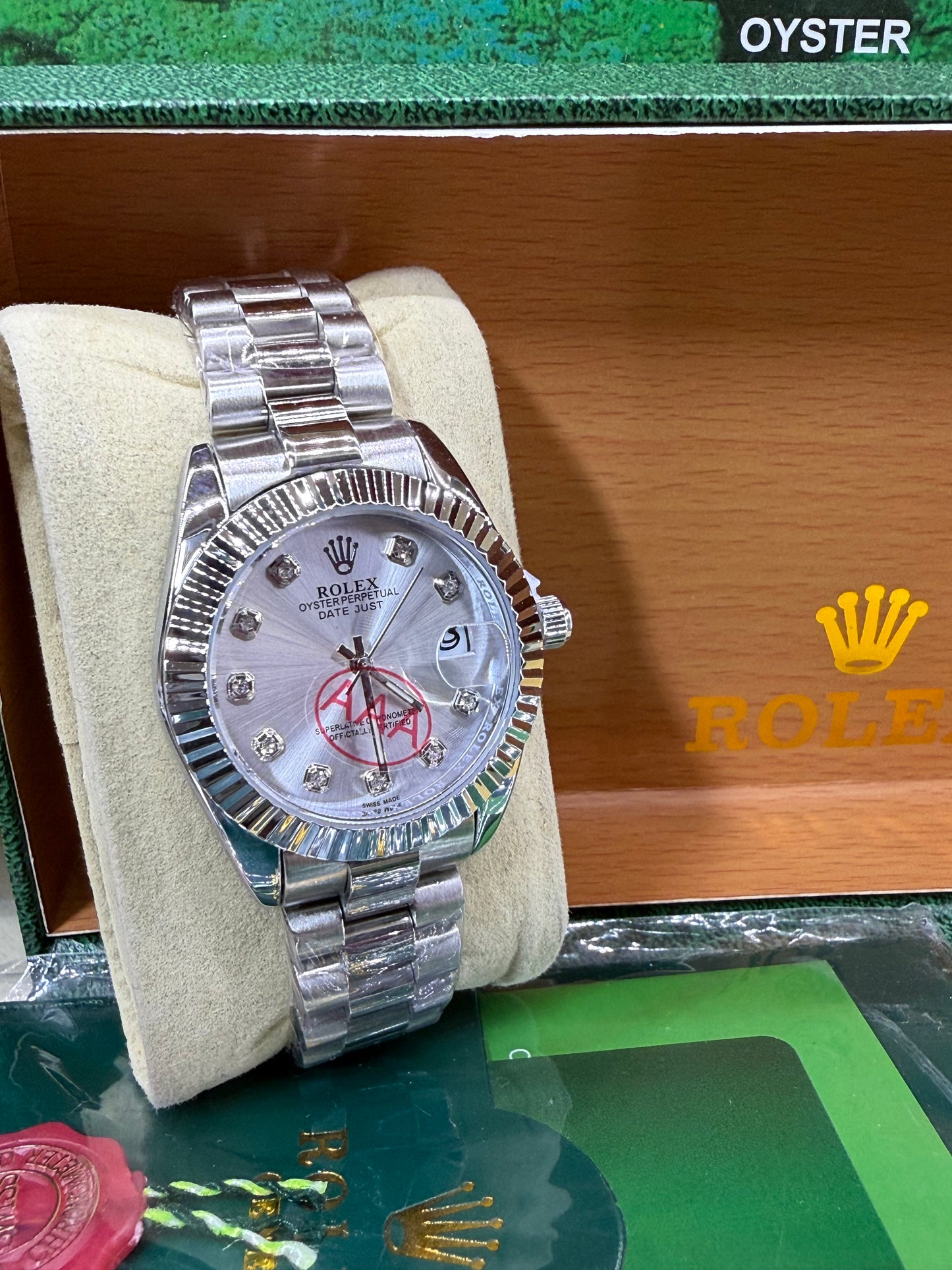 Date just 36mm silver diamond dial