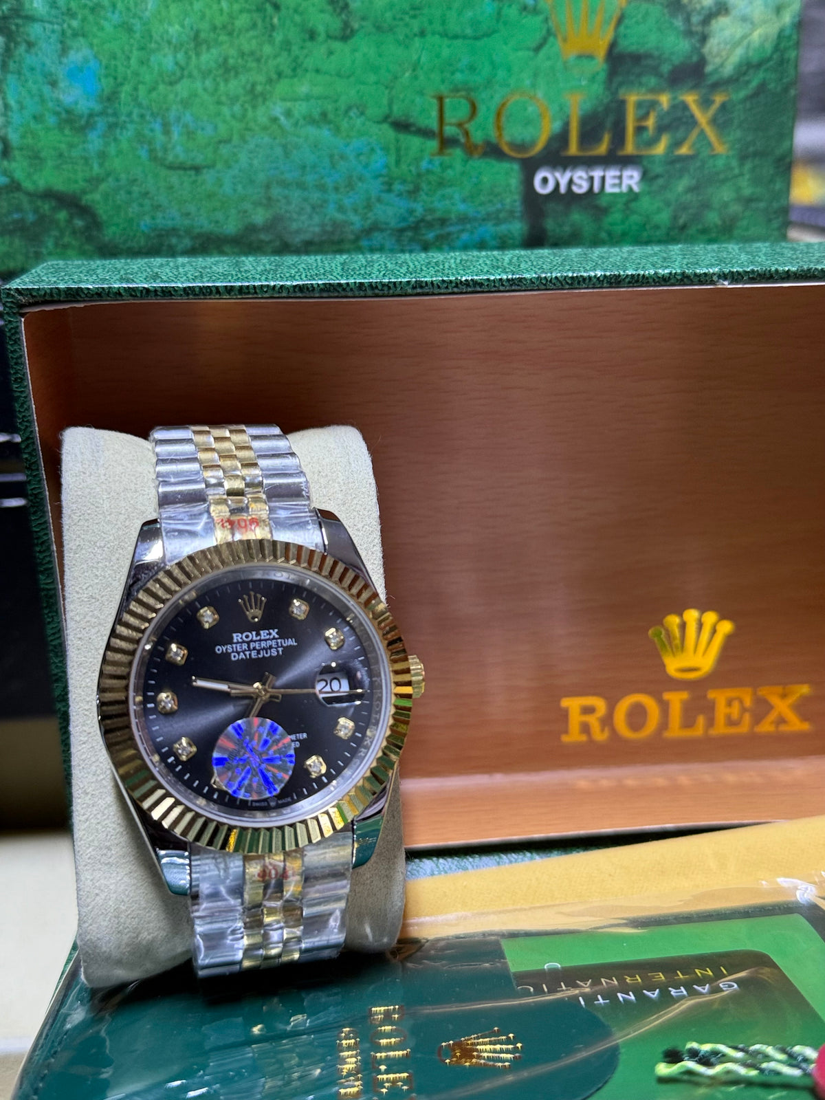 Date just 41mm two tone black diamond dial