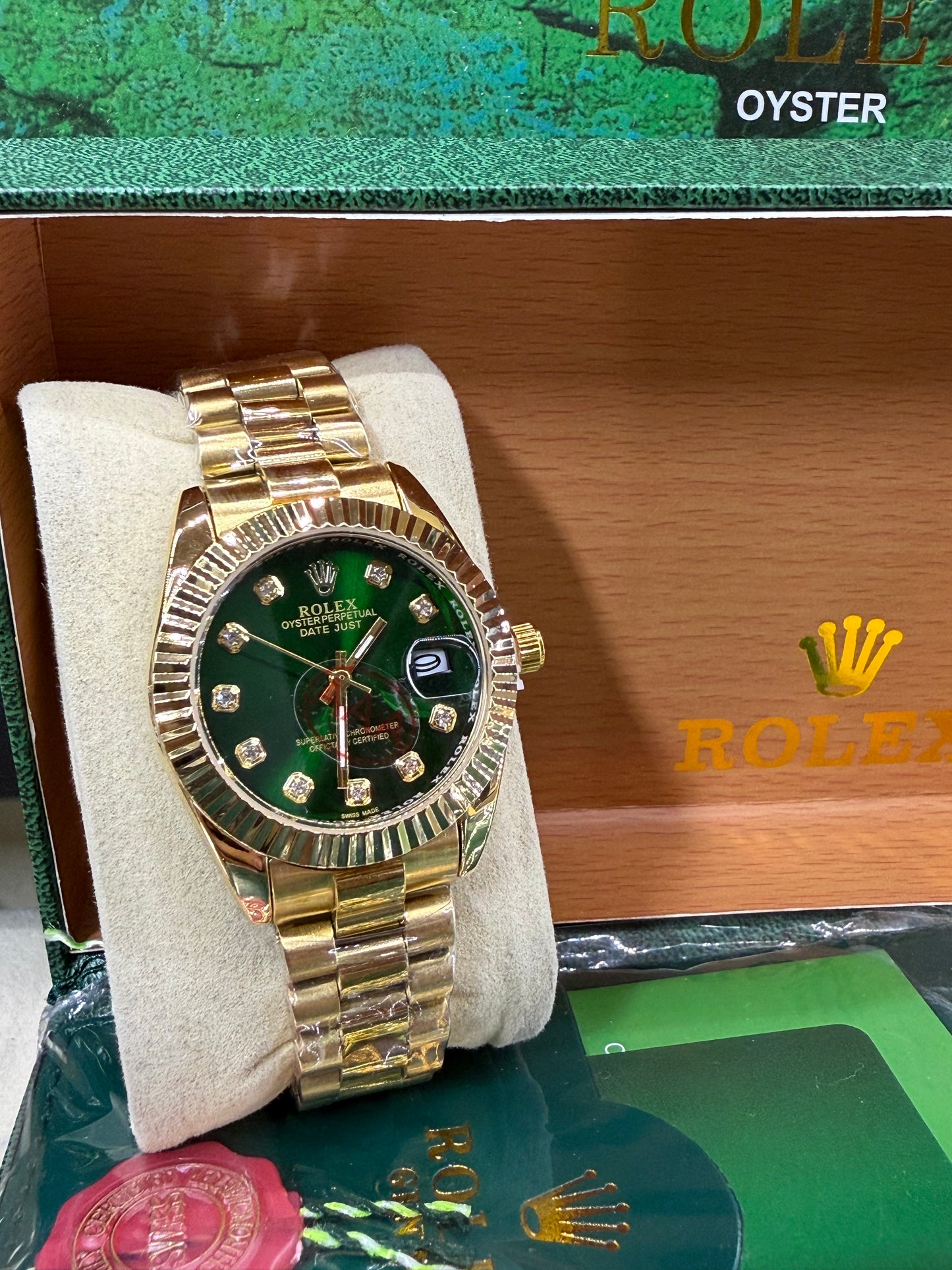 Date just 36mm gold green diamond dial