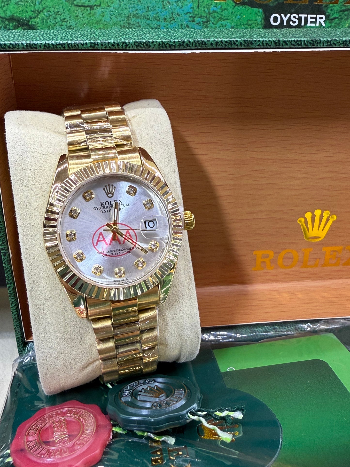 Date just 36mm gold silver diamond dial