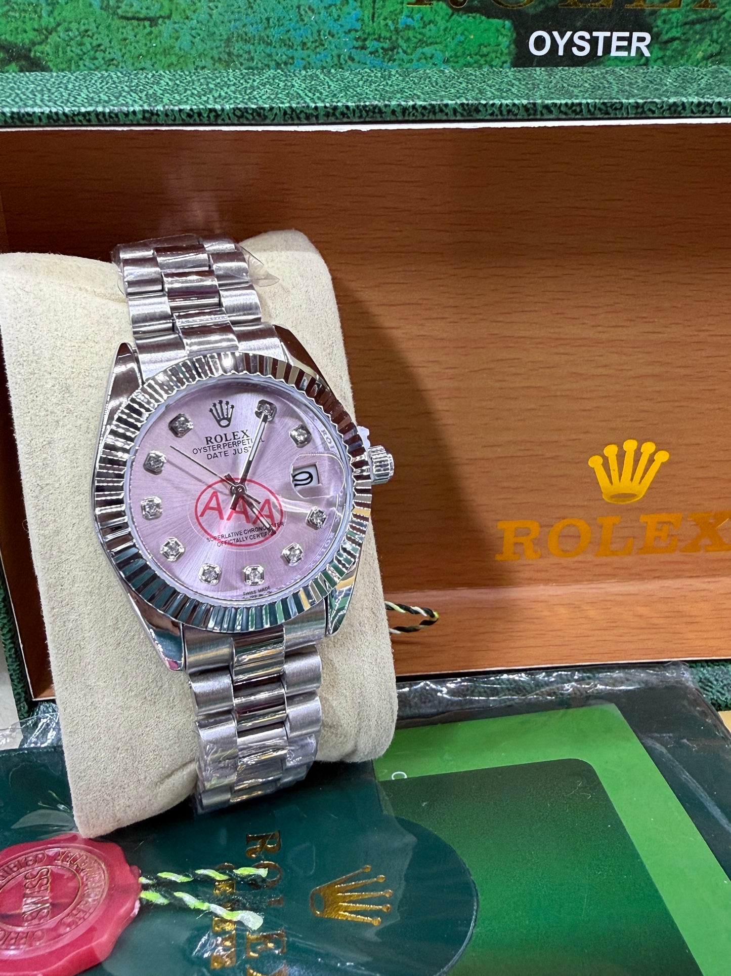 Date just 36mm pink diamond dial