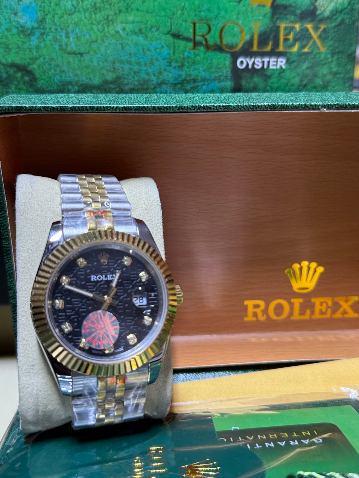 Date just 41mm two tone black diamond motif dial